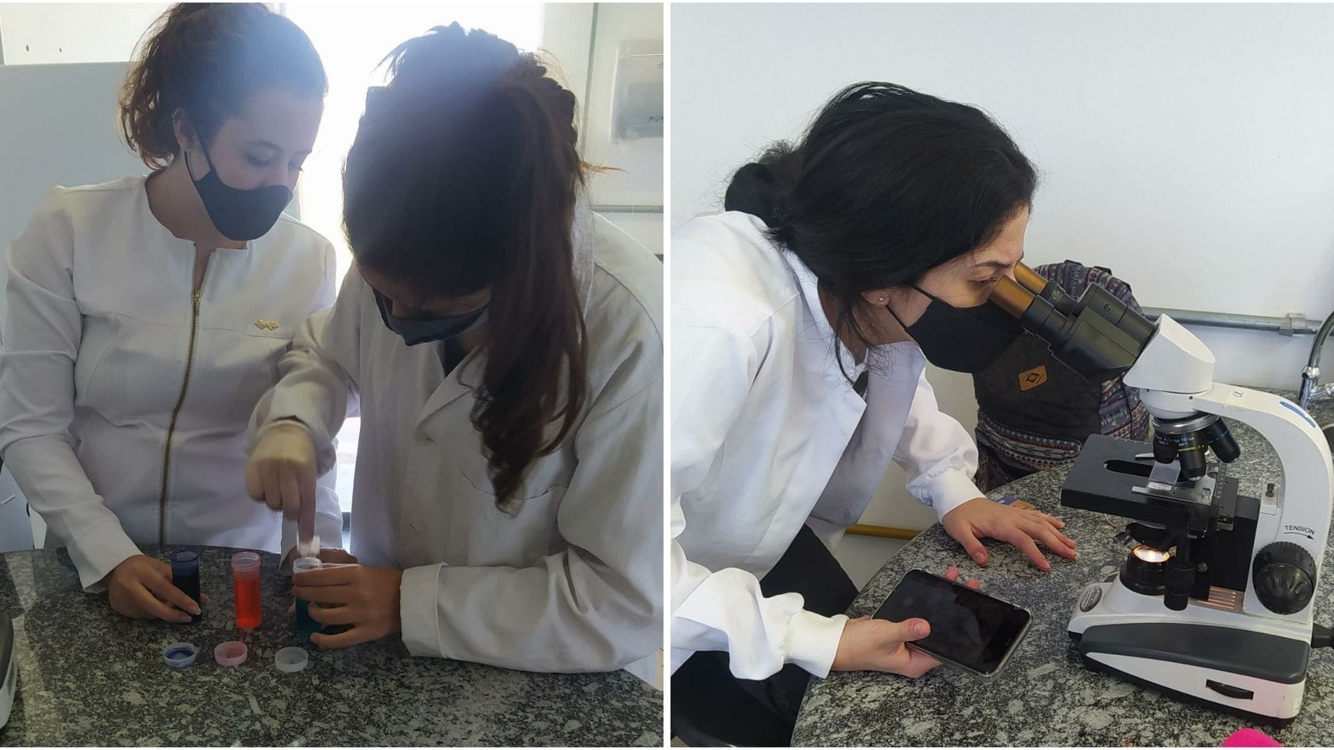A imagem mostra alunas de Medicina Veterinária do Grupo UniEduK realizando a atividade de esfregaço sanguíneo.