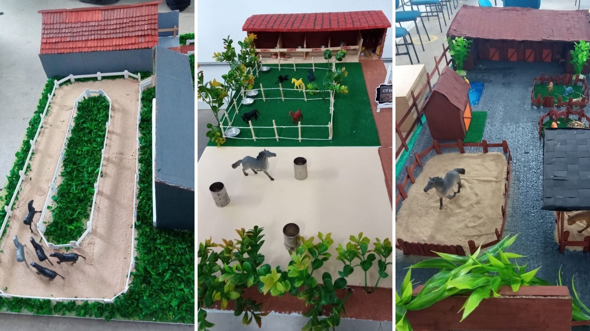 A imagem mostra maquetes de propriedades de criação de equinos desenvolvidas pelos alunos de Medicina Veterinária.