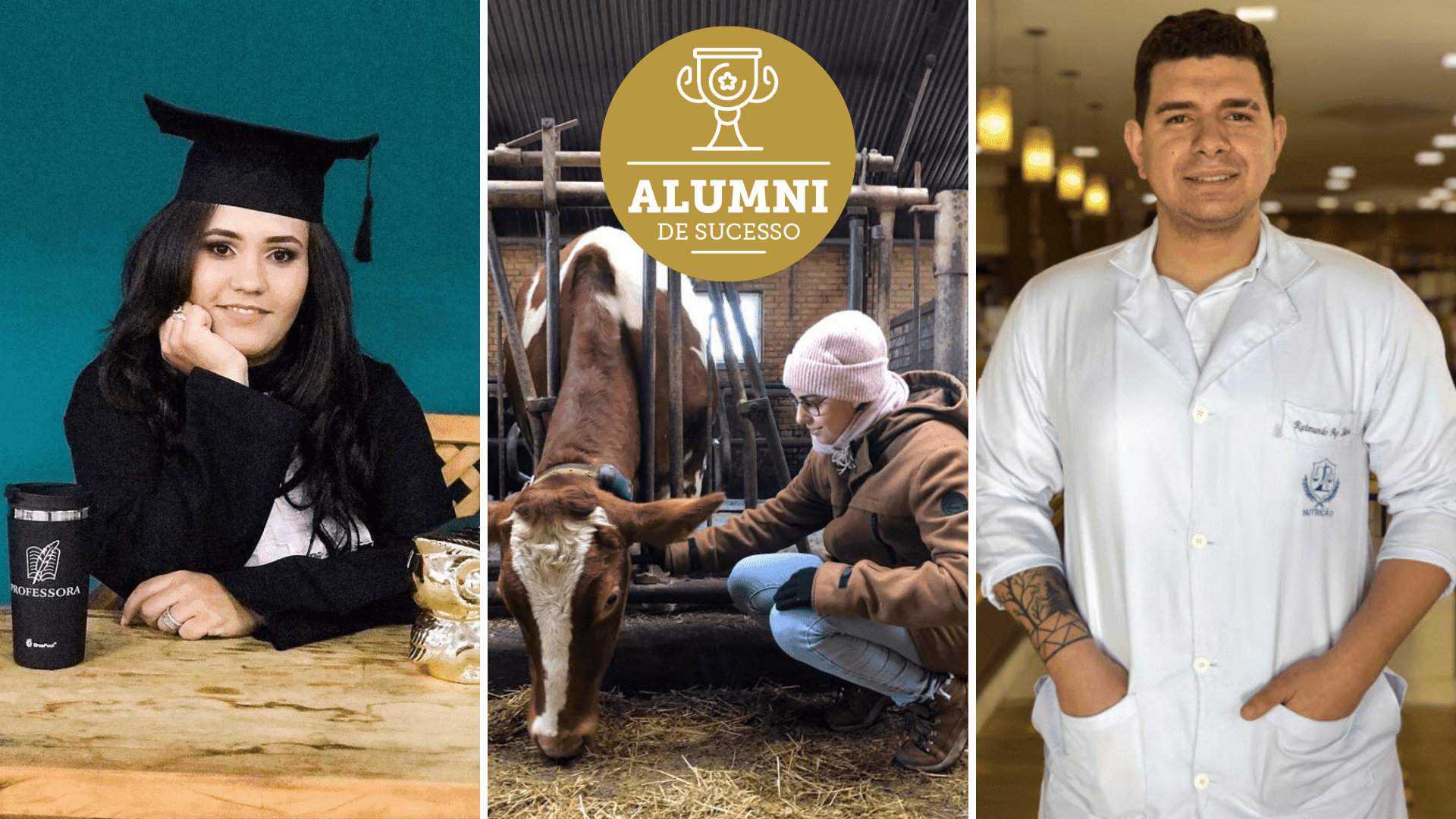 A imagem mostra três alumni (alunos formados) do Grupo UniEduK.