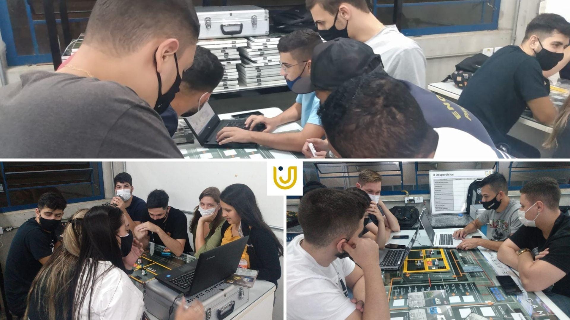 A imagem mostra os alunos durante a aula de Lean Board Game