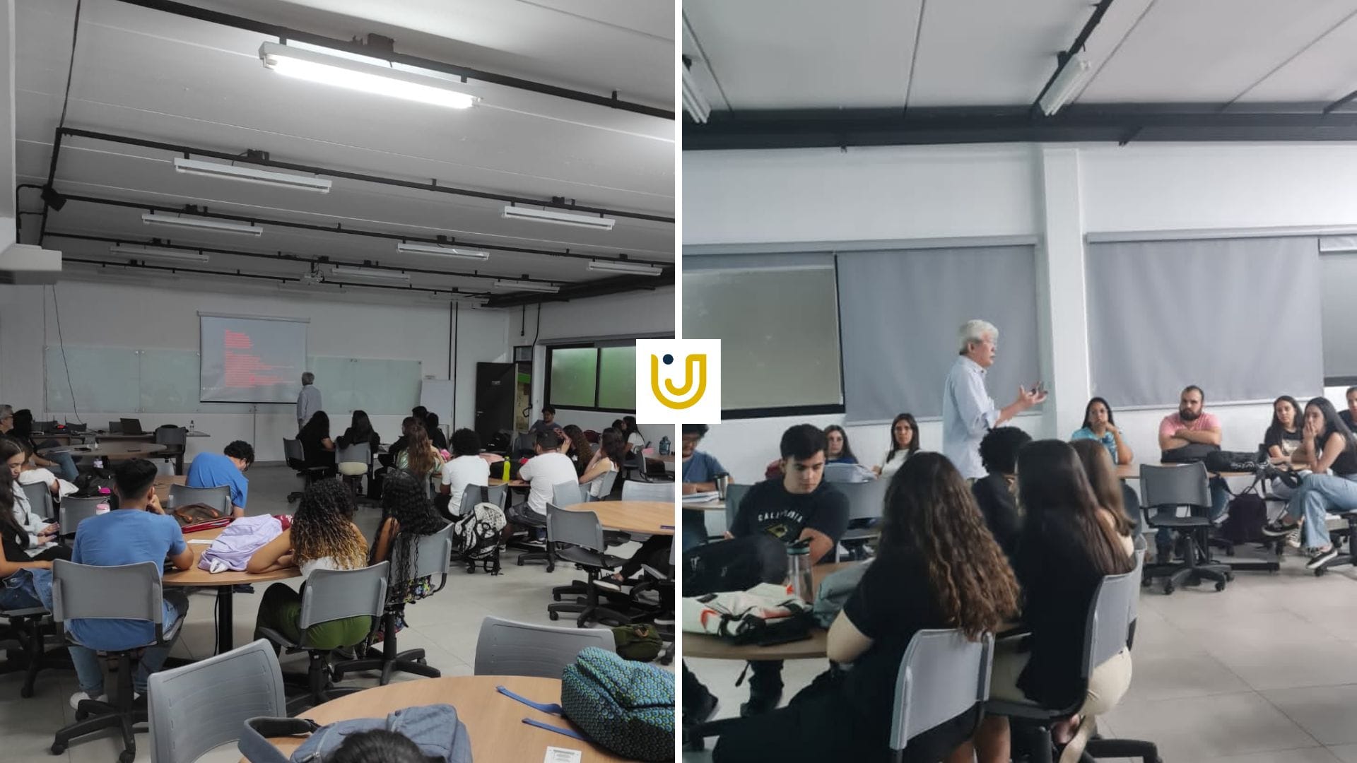 A imagem mostra momentos da aula magna que abordou metodologia de Projeto de Arquitetura