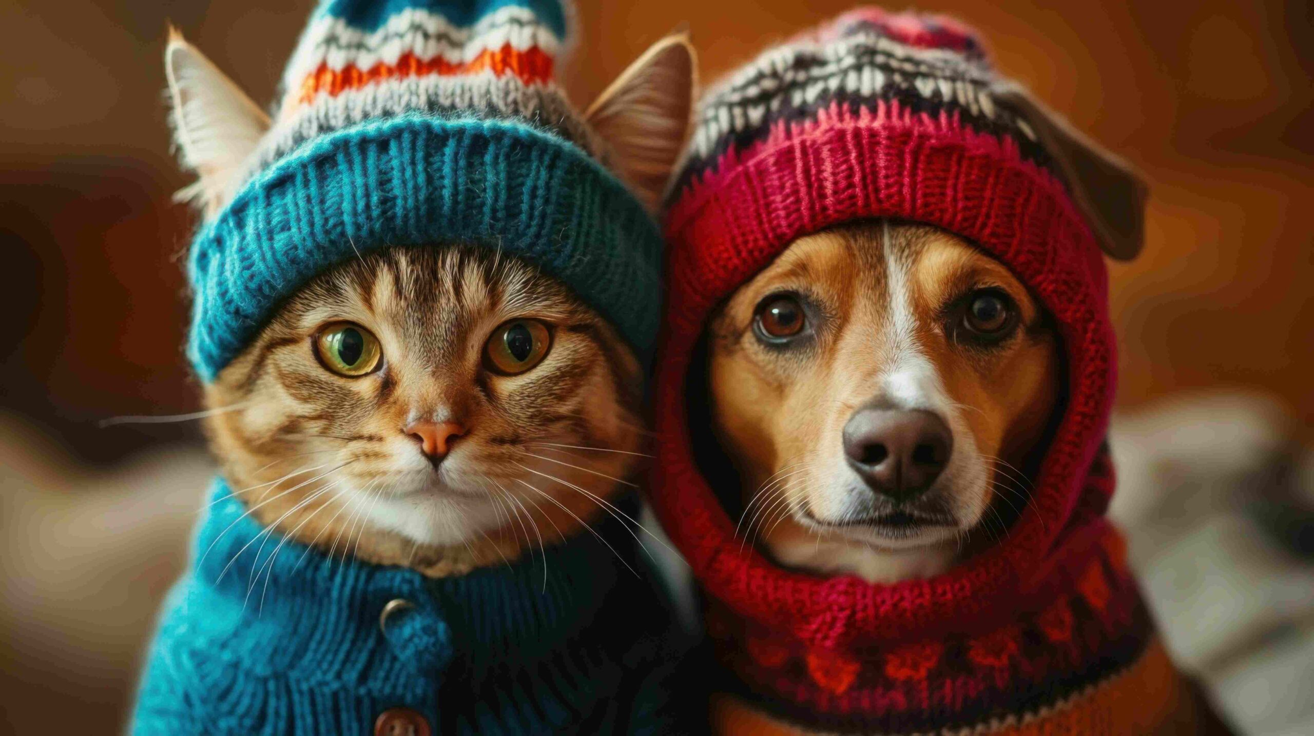 Um gato tigrado e um cachorro de pequeno porte aparecem lado a lado, olhando para a câmera. Os dois usam gorros e roupas de tricô coloridas: o gato em tons de azul e o cachorro em vermelho.